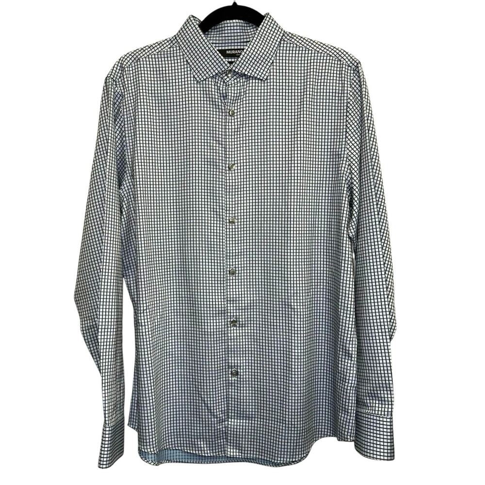 Murano Slim‎ Fit Non-Iron Dress Shirt Blue Check Button Down Large